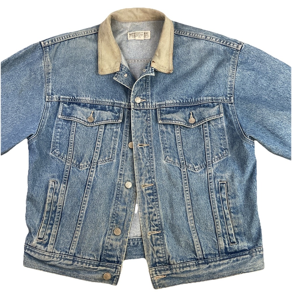 VTG Banana Republic‎ Safari Travel Jean Jacket 90s Denim Leather Trim Trucker L - Picture 14 of 16
